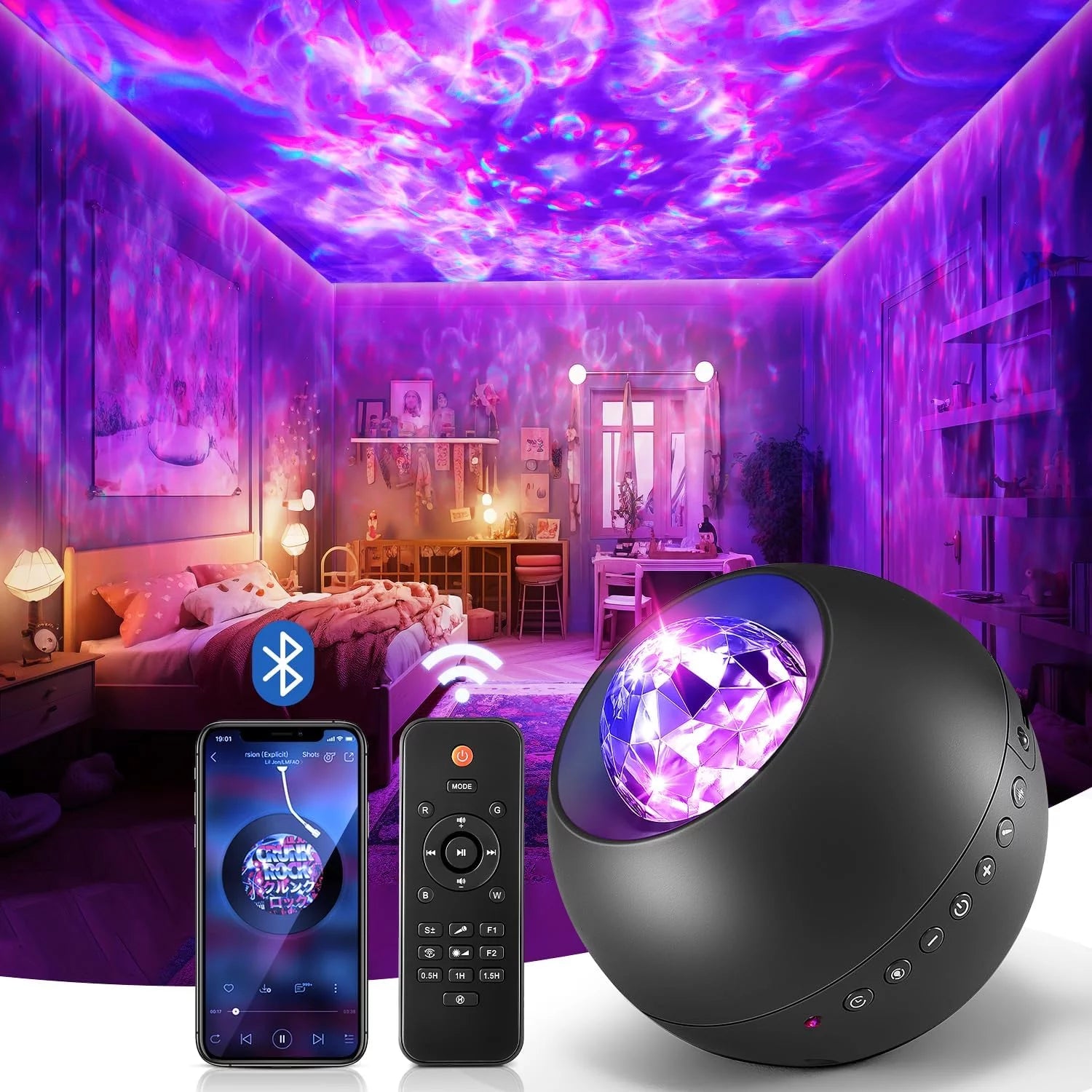 Galaxy Projector 4 in 1 Galaxy Projector With 20 Lighting Effect And White Noise .Bluetooth Music Speaker & Remote Control & Timer