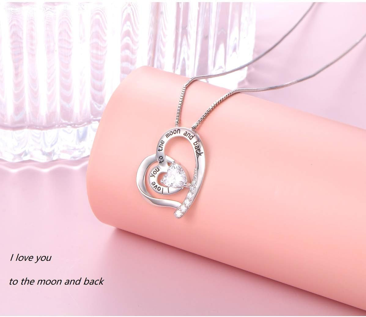 Mother's Day Necklace ''I love you to the moon and back'' 925 Sterling Silver CZ Pendant  